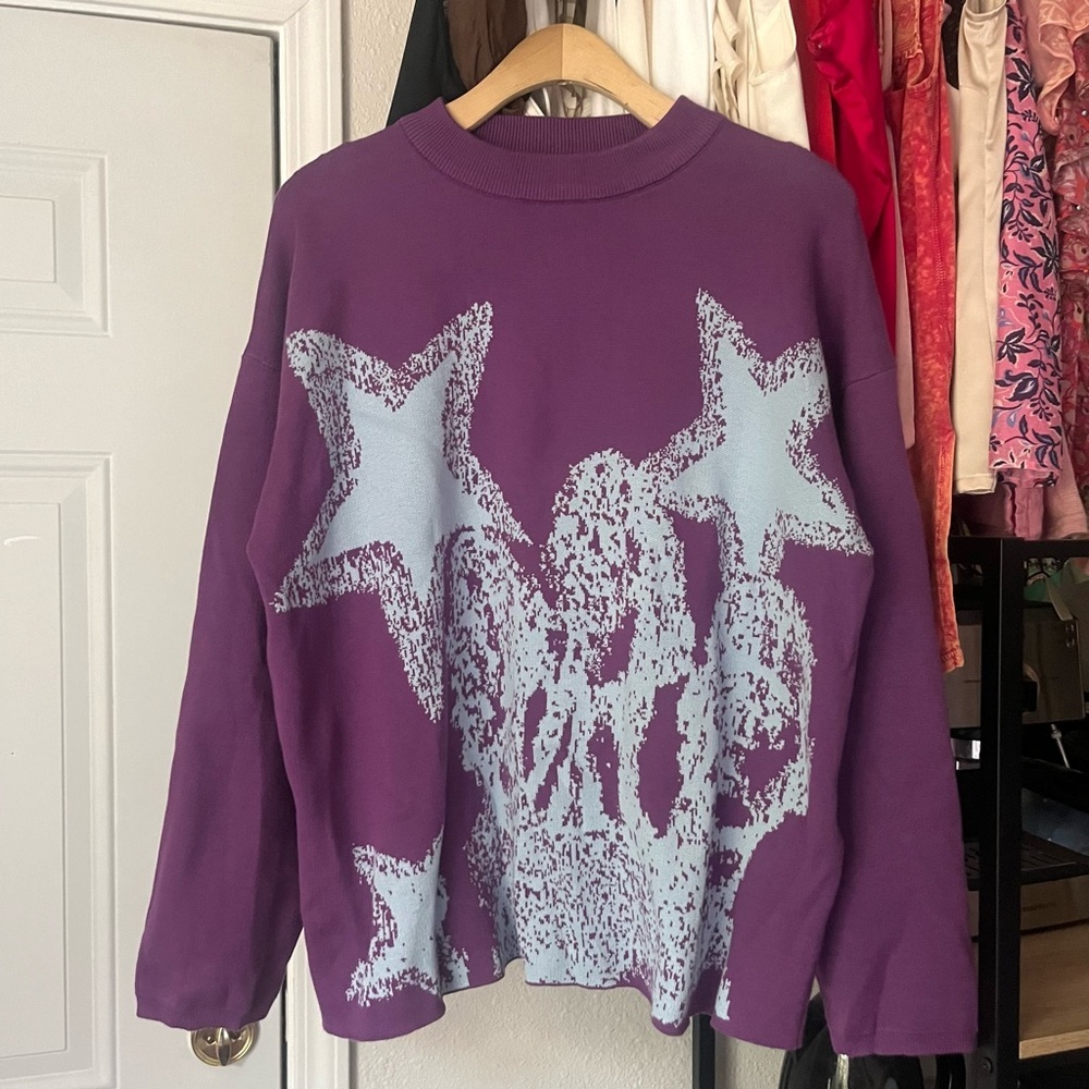 NO LABEL purple blue star chunky knit crew neck long sleeve pullover sweater